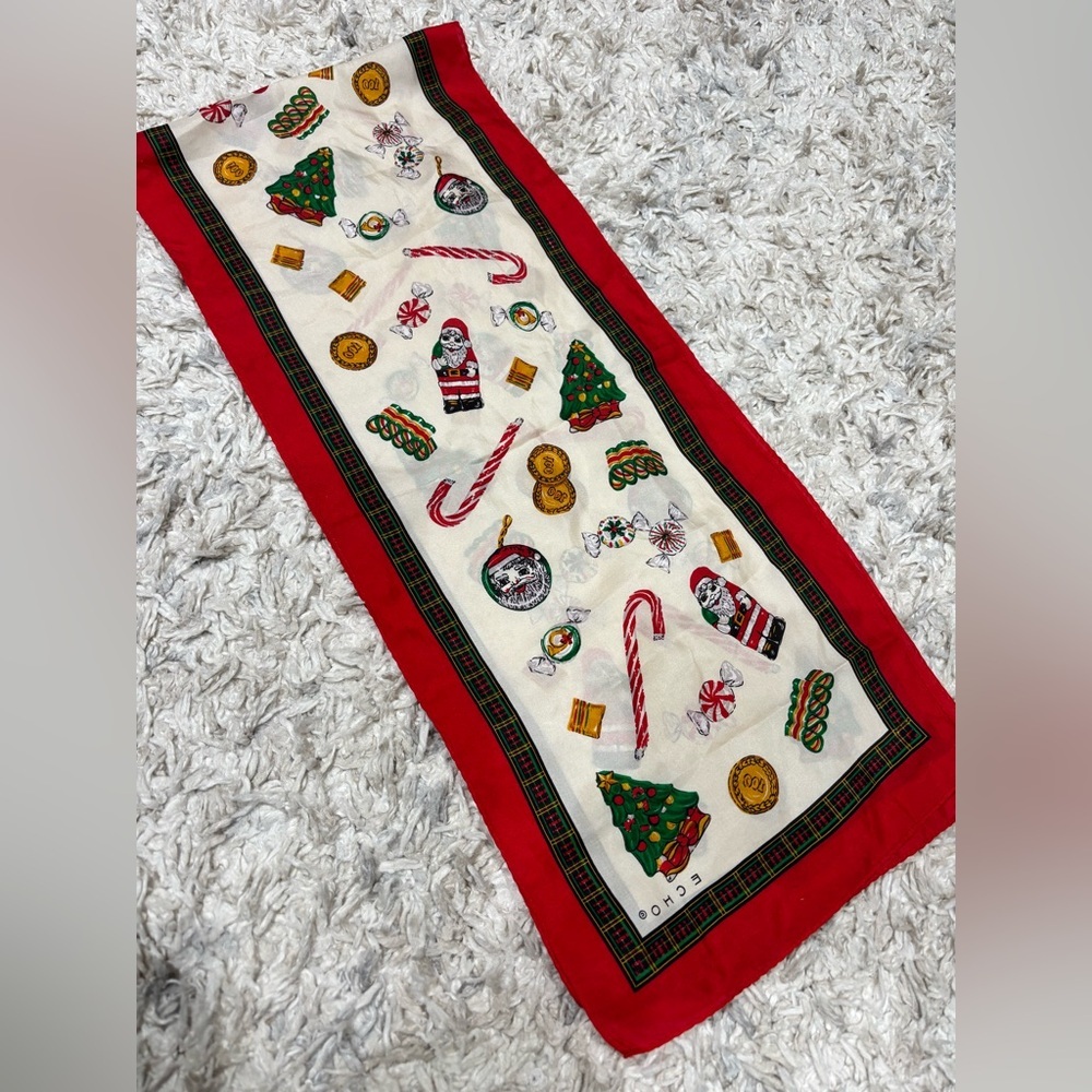 Vintage Echo Scarf 11x53 Christmas Silk Long Holiday Neck Hair Tie Accessory